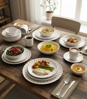30-Piece European scalloped ceramic dinnerware set with plates, bowls, and mugs.