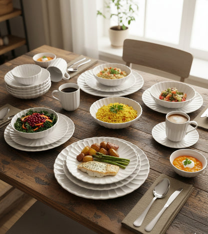 30-Piece European scalloped ceramic dinnerware set with plates, bowls, and mugs.