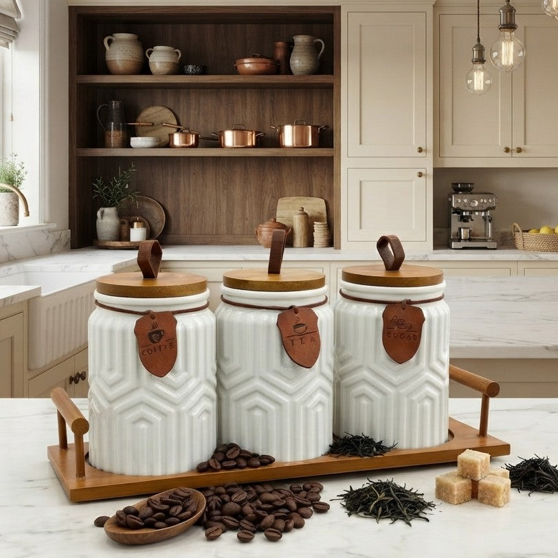 3 Piece Ceramic Canister Set with Wooden Tray