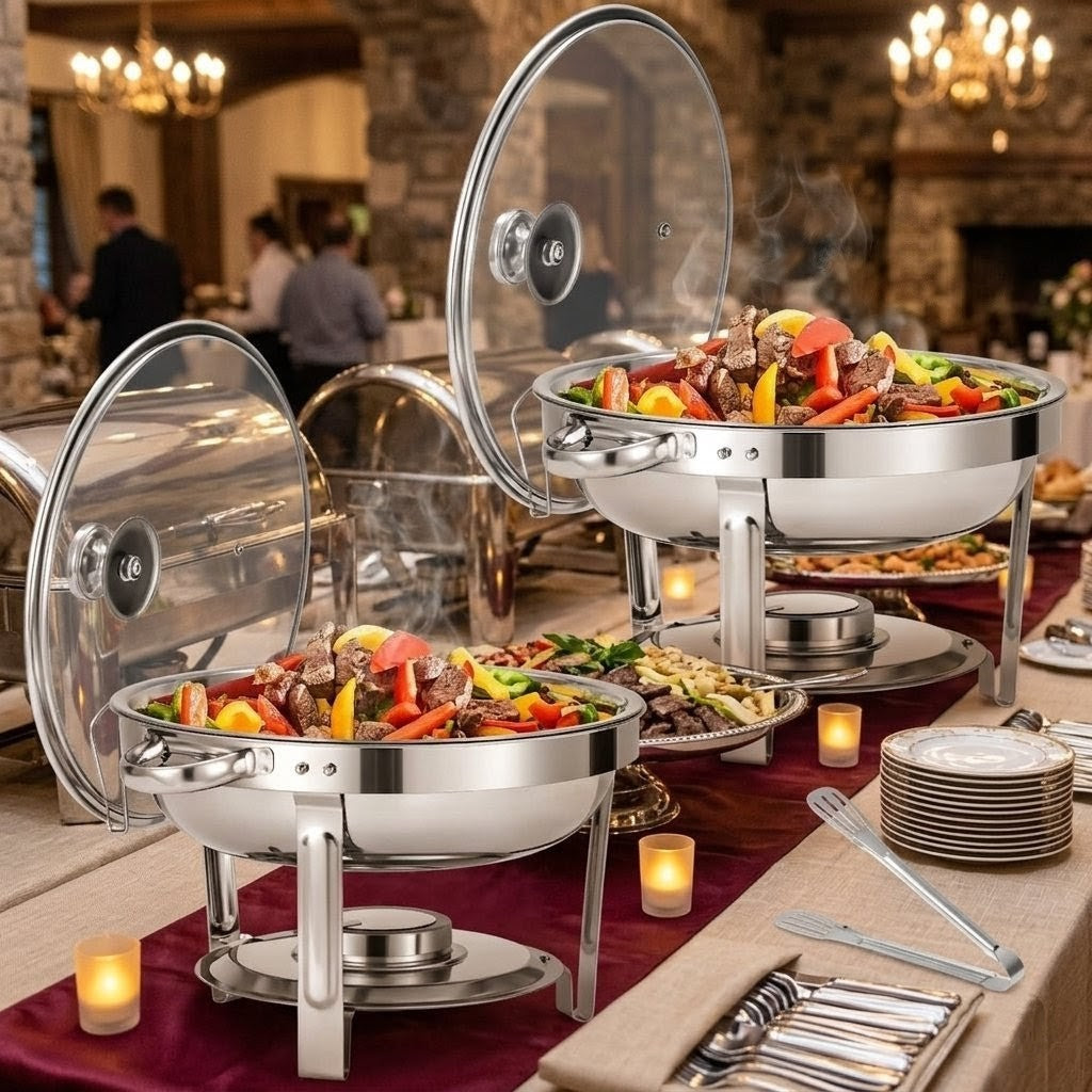Stainless Steel Food Warmer with Glass Lid and Serving Tongs 5L