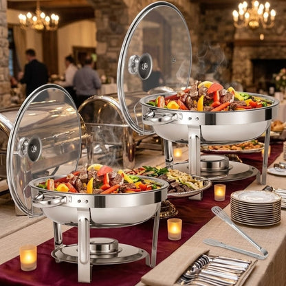 Stainless Steel Food Warmer with Glass Lid and Serving Tongs 5L