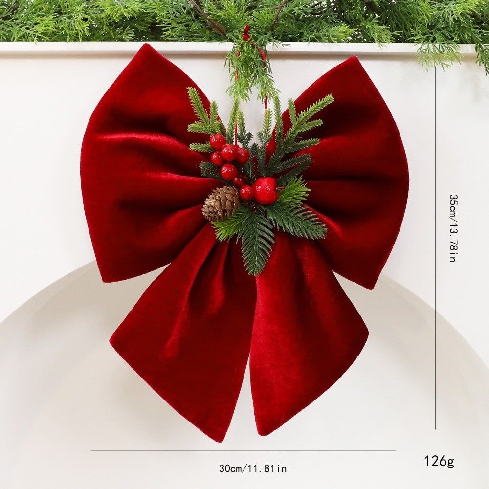 Wine Red Velvet Christmas Bow Ornament with Pine Needle and Red Berry Accents