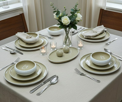 27-piece European double-glaze porcelain dinner set including dinner plates, side plates, salad bowls, soup bowls, salt shakers, and serving platter
