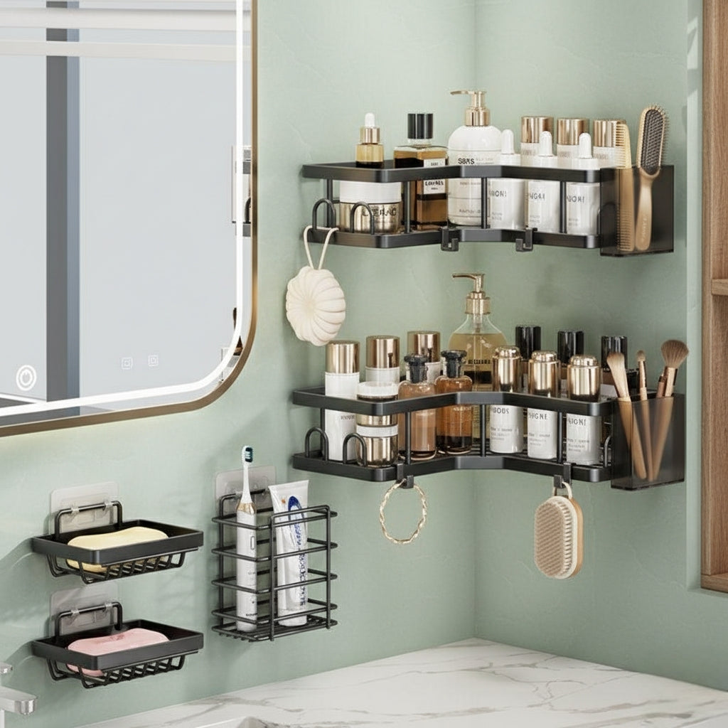 5-pieces Corner bathroom organizer set with brush holder compartment for efficient storage