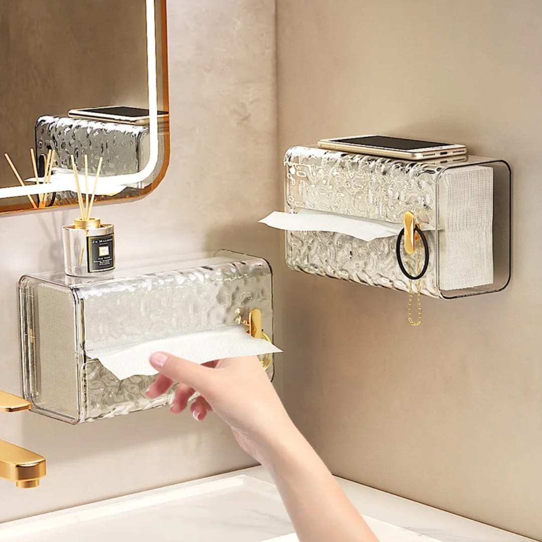 Transparent acrylic wall-mounted tissue box holder for modern bathroom and home organization