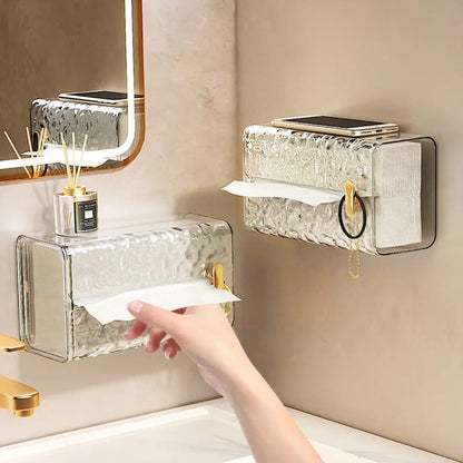 Transparent acrylic wall-mounted tissue box holder for modern bathroom and home organization