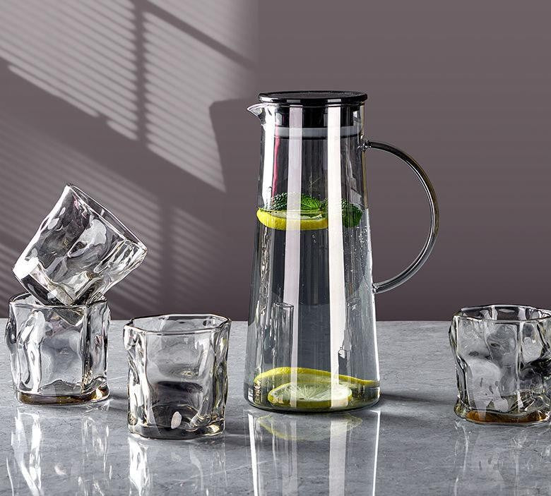 Glass Water Pitcher with Lid + 4 Water Glasses Set