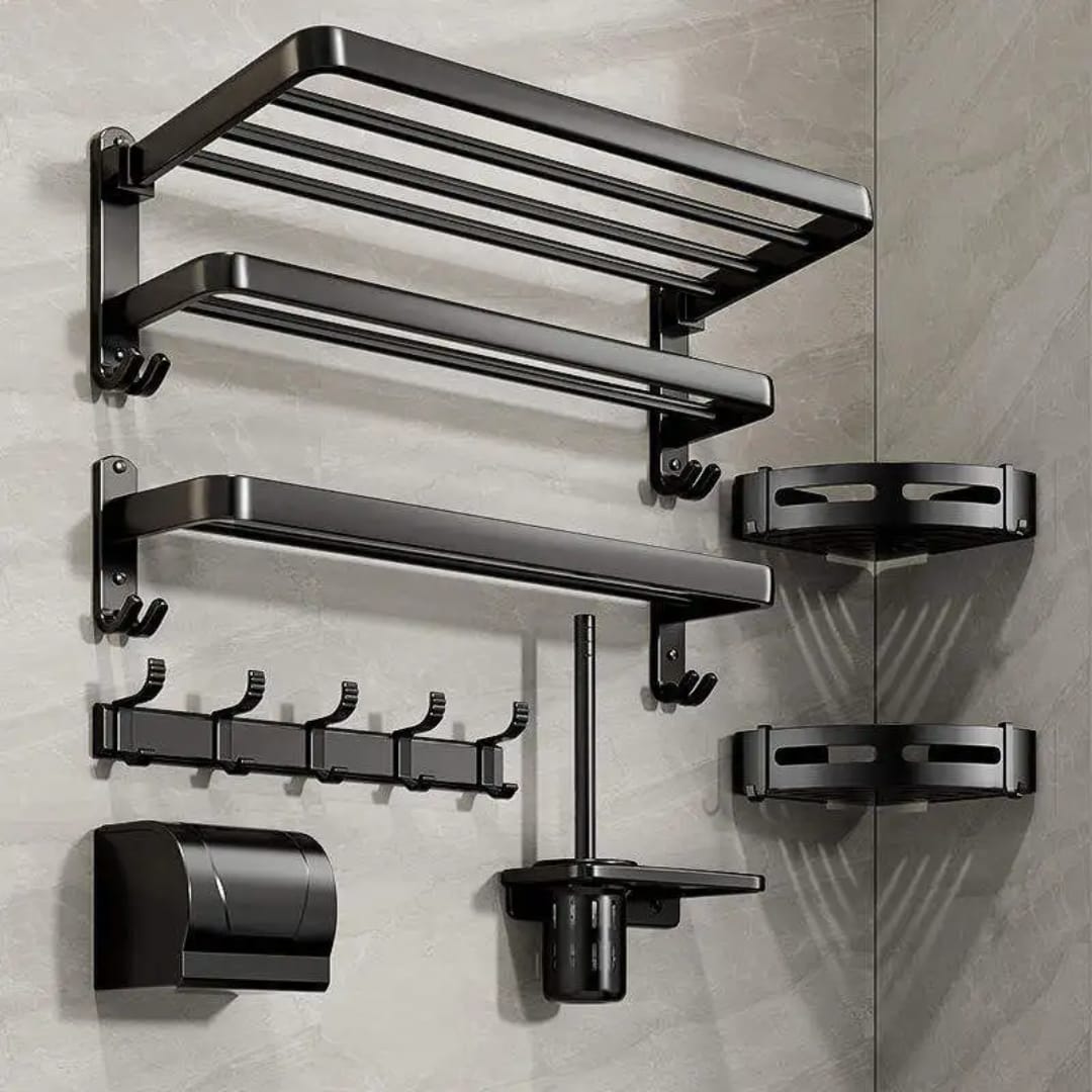 7pcs Black Aluminum Bath Towel Storage Rack Set