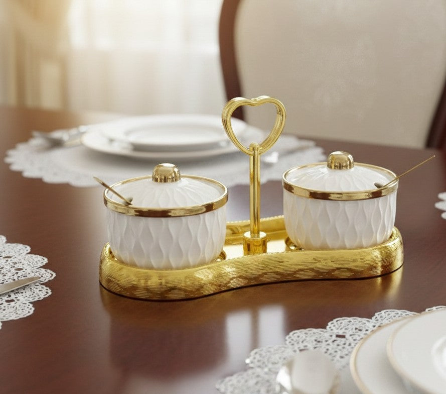 Two ceramic sugar dishes with matching stand for tea or coffee table service