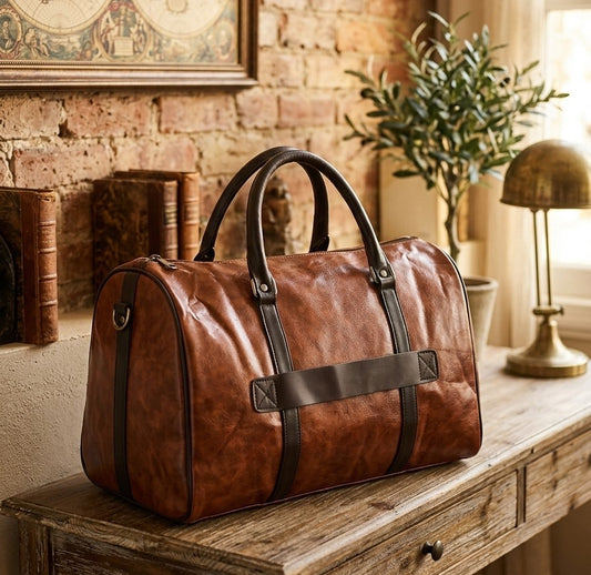 Brown PU leather big size travel bag measuring 44×30×22cm for travel or gym use