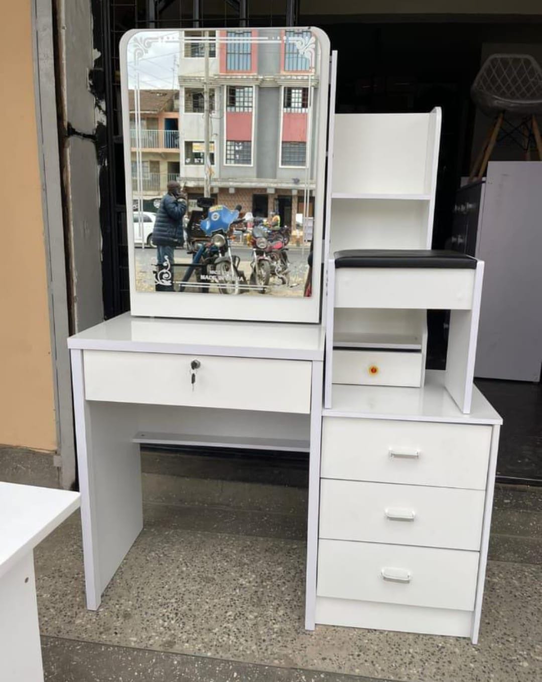 White Vanity Dressing Table With Mirror, Drawers And Stool