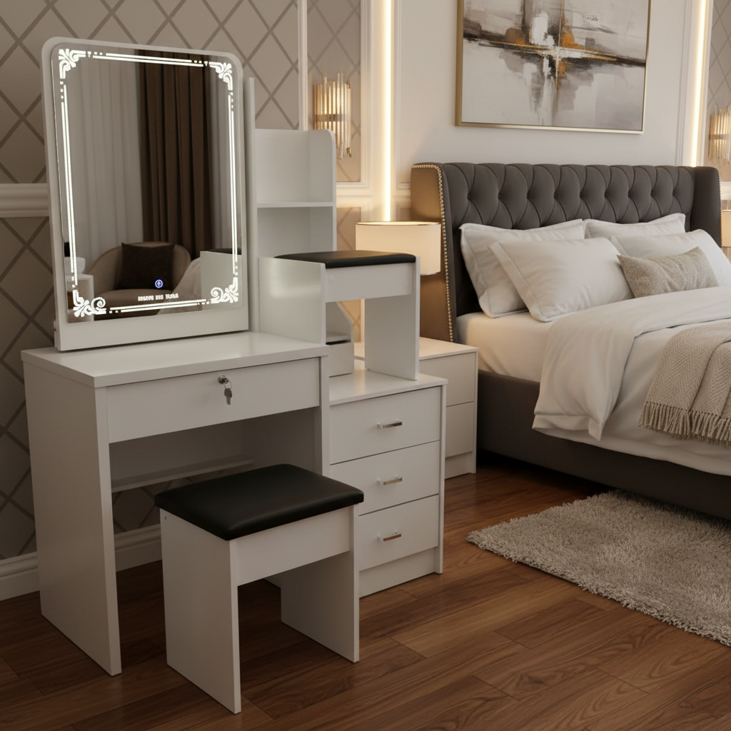 White vanity dressing table with large mirror, five storage drawers, open shelves, and pull-out padded stool for bedroom and dressing room use.