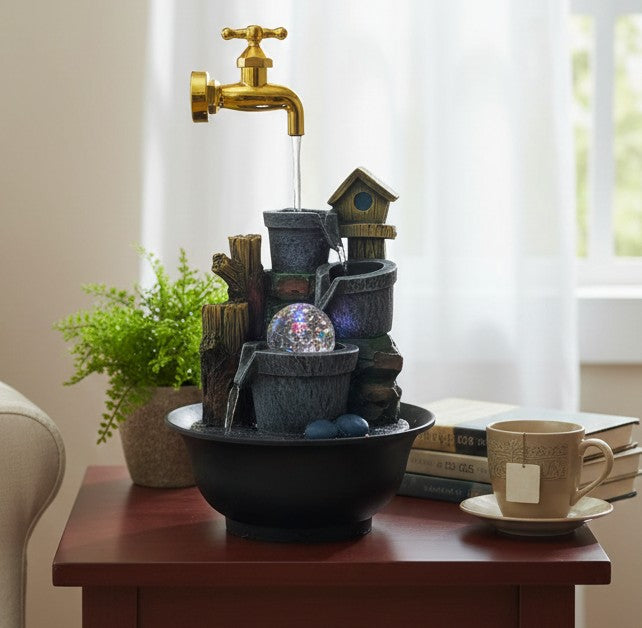 Three tier indoor LED tabletop fountain with floating tap design