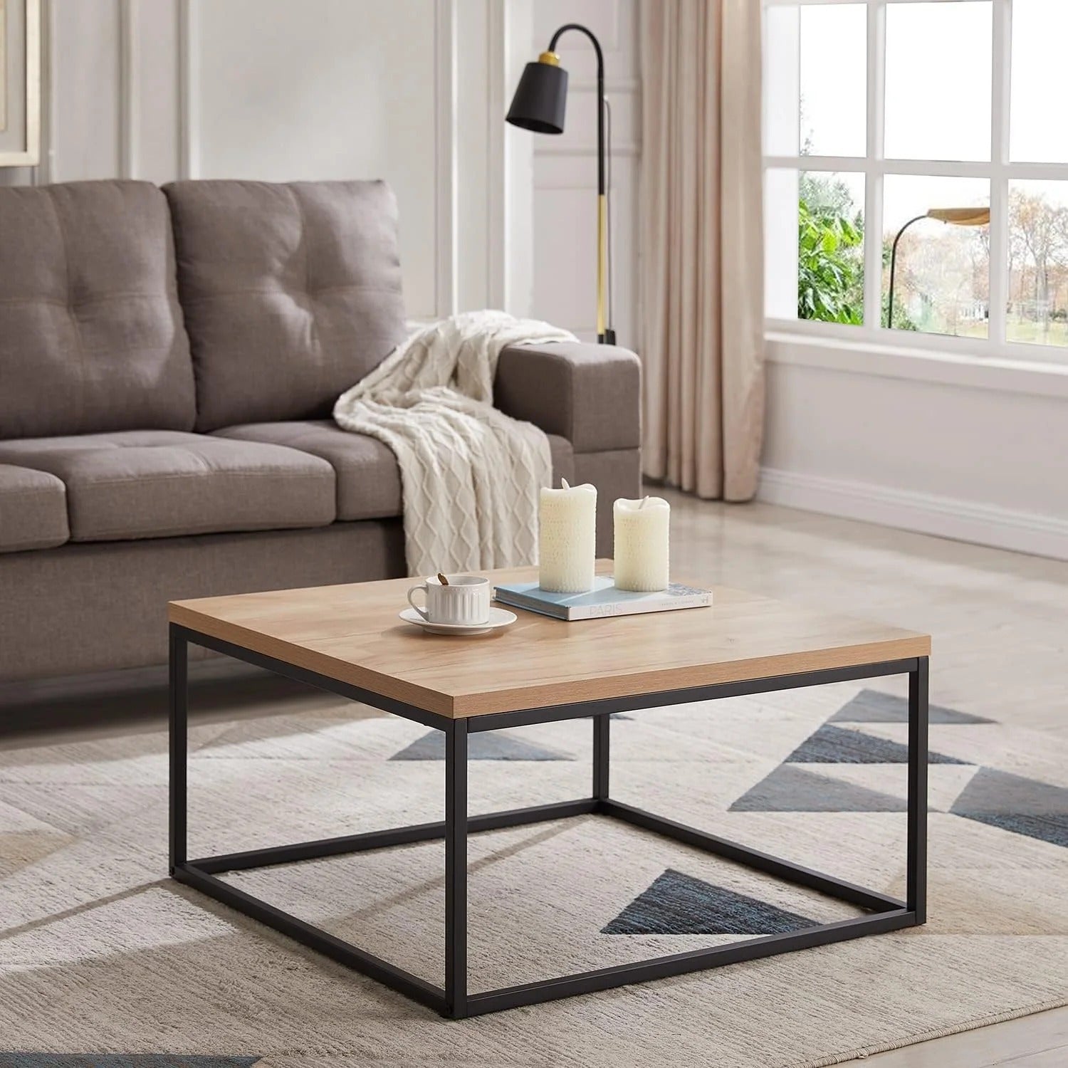 Square coffee table with black metal frame and oak MDF top, modern compact table for living room or office