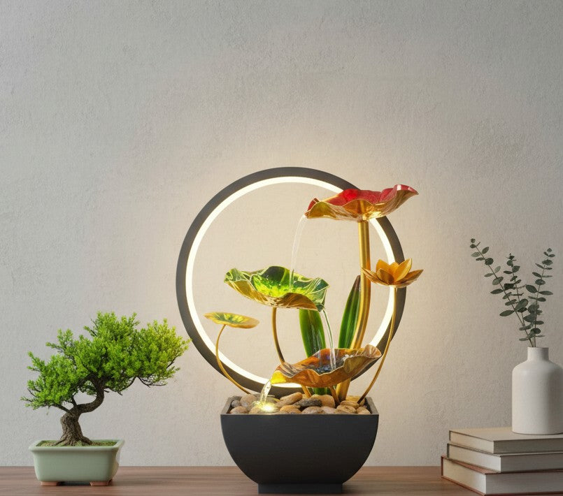 LED electric mini water fountain in a clear glass pot, available in multiple designs and colors