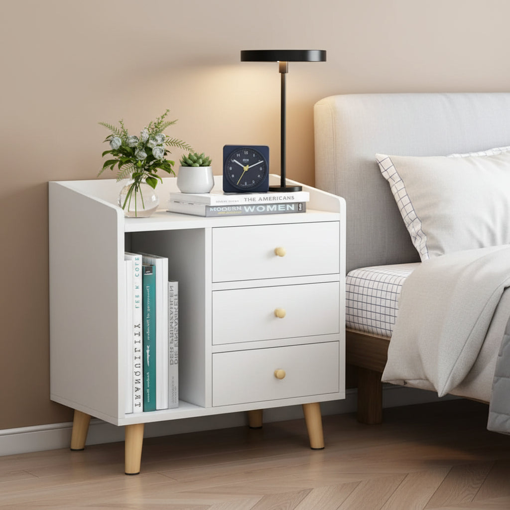 Multifunctional Wooden Bedside Table with 3 Drawers and Vertical Grid Storage