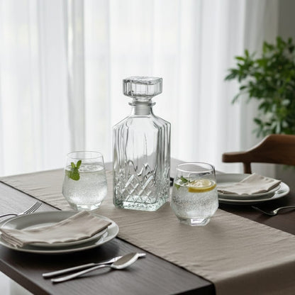 Clear Glass Chalice Decanter With 2 Hexagonal Glasses