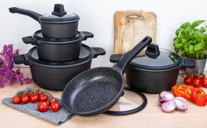 10-piece nonstick cooking pots set with heat-resistant handles for home kitchen use