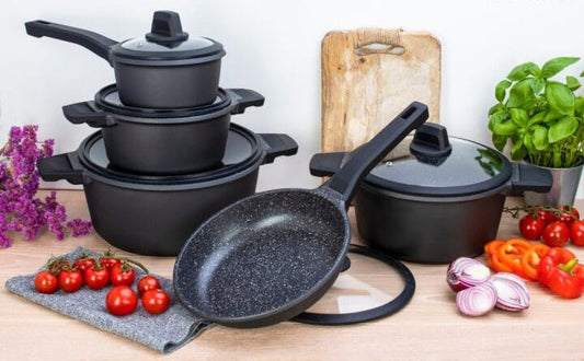 10-piece nonstick cooking pots set with heat-resistant handles for home kitchen use