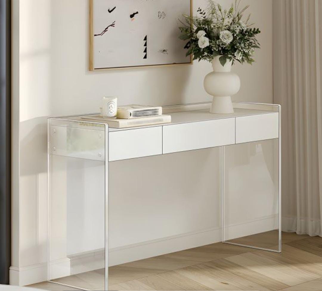 White modern dressing table with two drawers and acrylic legs