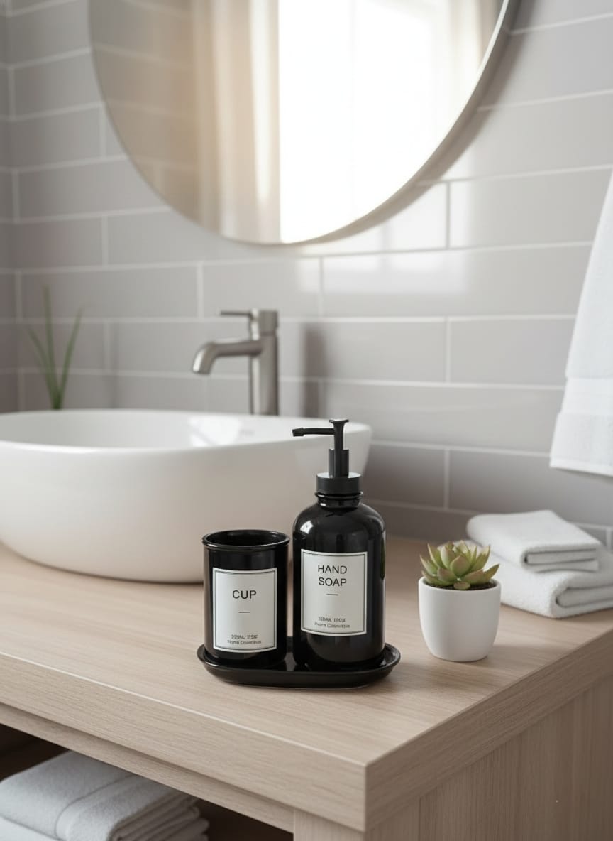 3-Piece Bronze glass bathroom set with soap dispenser, cup, and tray