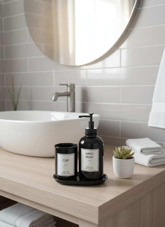 3-Piece Bronze glass bathroom set with soap dispenser, cup, and tray