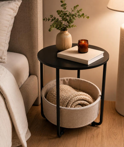 Modern round side table with fabric storage basket in black ebony and slate grey for bedroom and living room décor