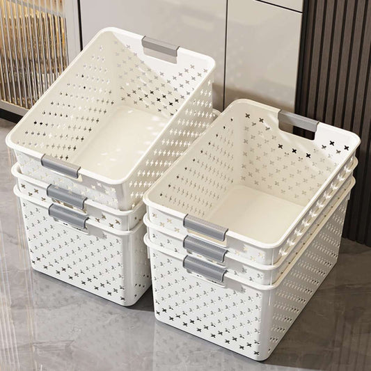 White plastic organizers for drawers and fridge, stackable and versatile