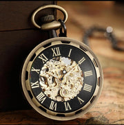 Luxury antique skeleton mechanical hand winding stainless steel pocket watch