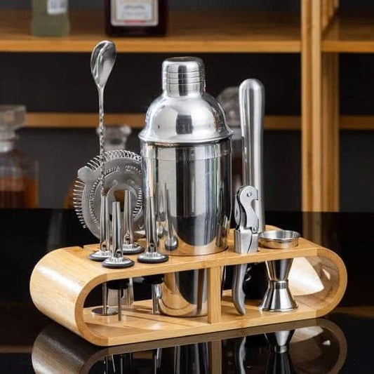 12-piece stainless steel cocktail shaker set with wooden stand for home bar and drink mixing