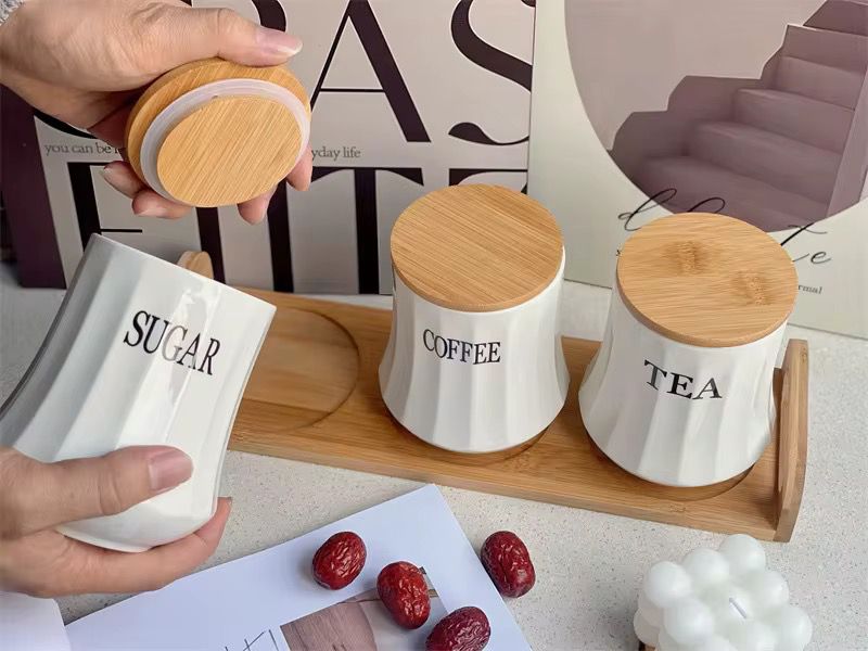 Ceramic Tea Coffee Sugar Canister Set with Bamboo Lid and Stand