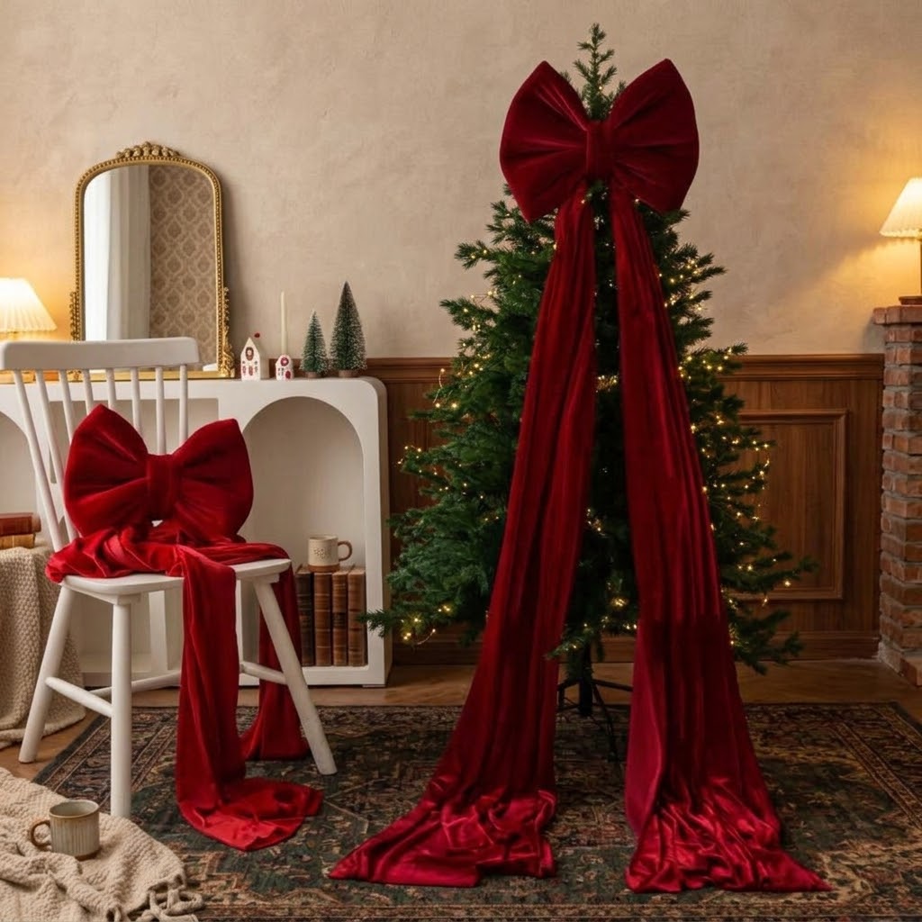 180cm Red Christmas Bow Decoration with Long Satin Ribbons