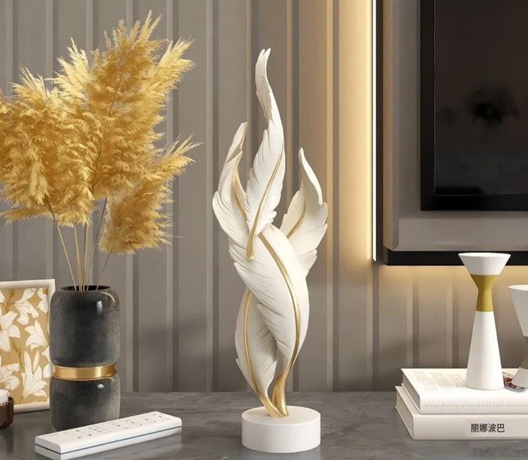 White and gold resin feather decorative ornament for home décor display