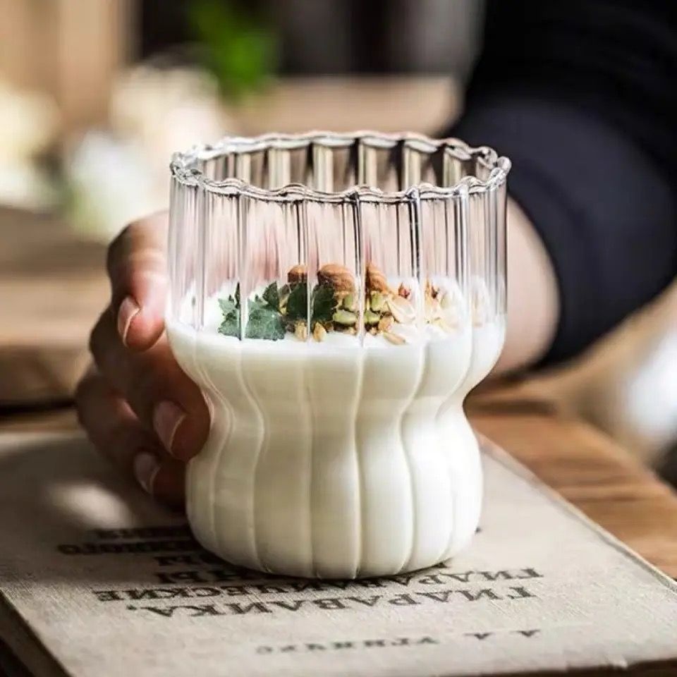 Striped clear glass cup fat mug 300ml for coffee and juice