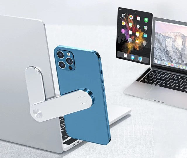 Black magnetic laptop side mount holder for phone or tablet used as an adjustable dual screen support bracket
