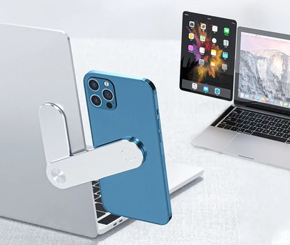 Black magnetic laptop side mount holder for phone or tablet used as an adjustable dual screen support bracket