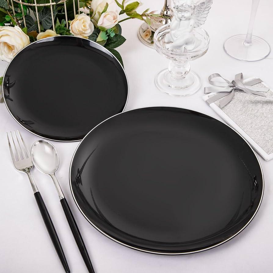 6Pcs Black With White Rim Dinner Plates