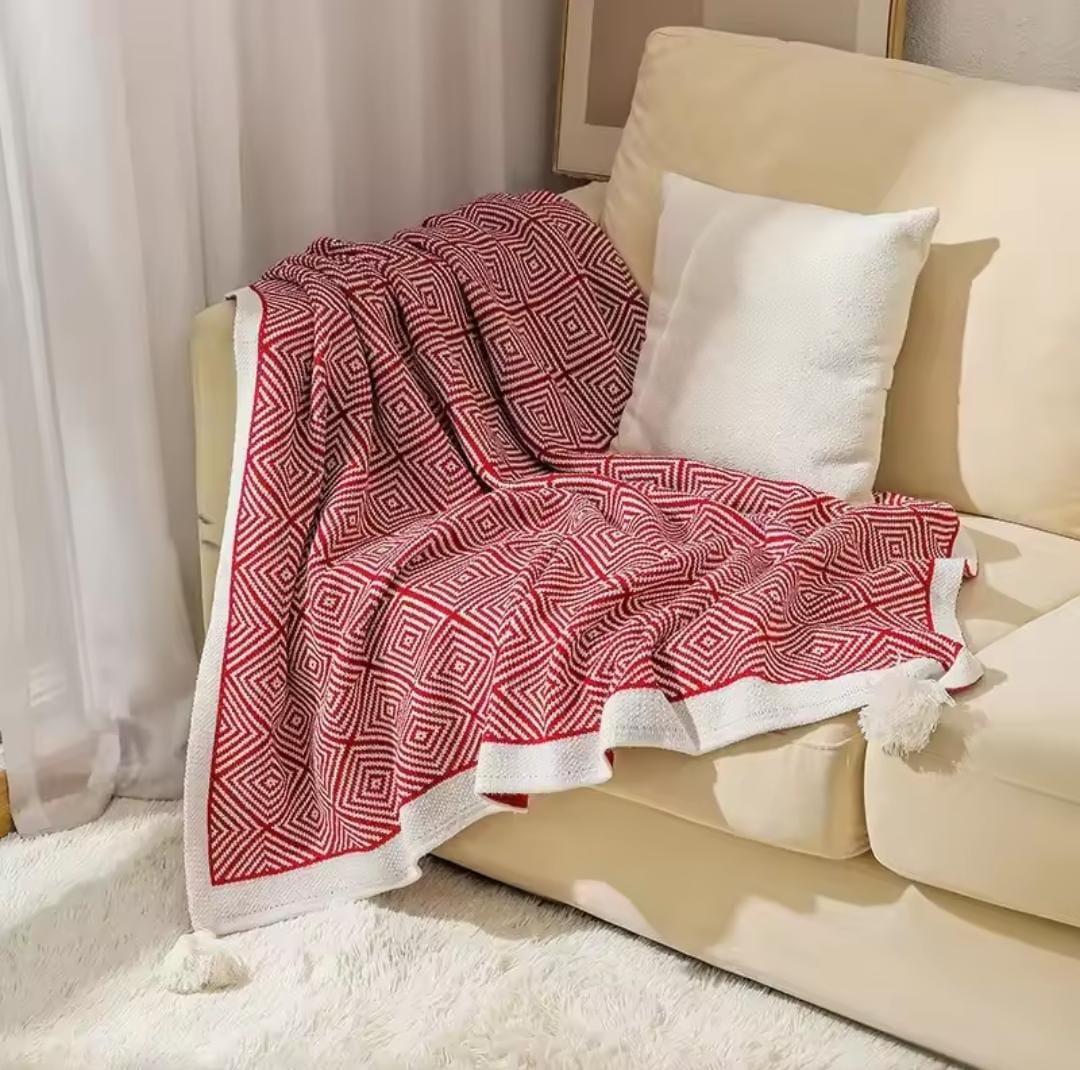 Bohemian knitted throw blanket in Maroon and Light Brown