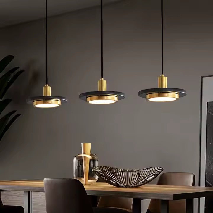 Round marble LED pendant lamp with gold copper finish for kitchens, bedrooms, dining rooms, or bars