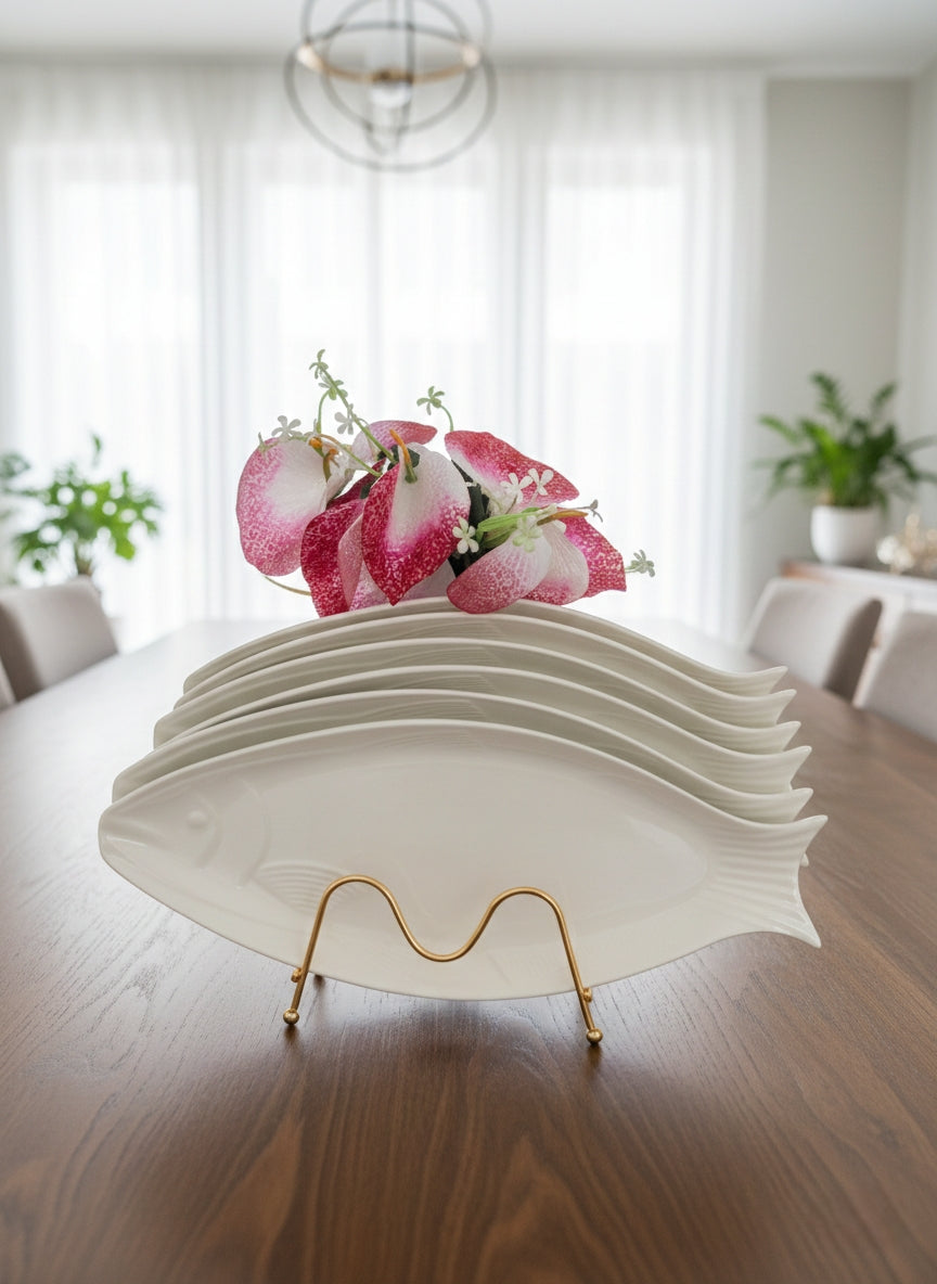 Set of 6 ceramic fish plates, 16 inches long, ideal for serving seafood.