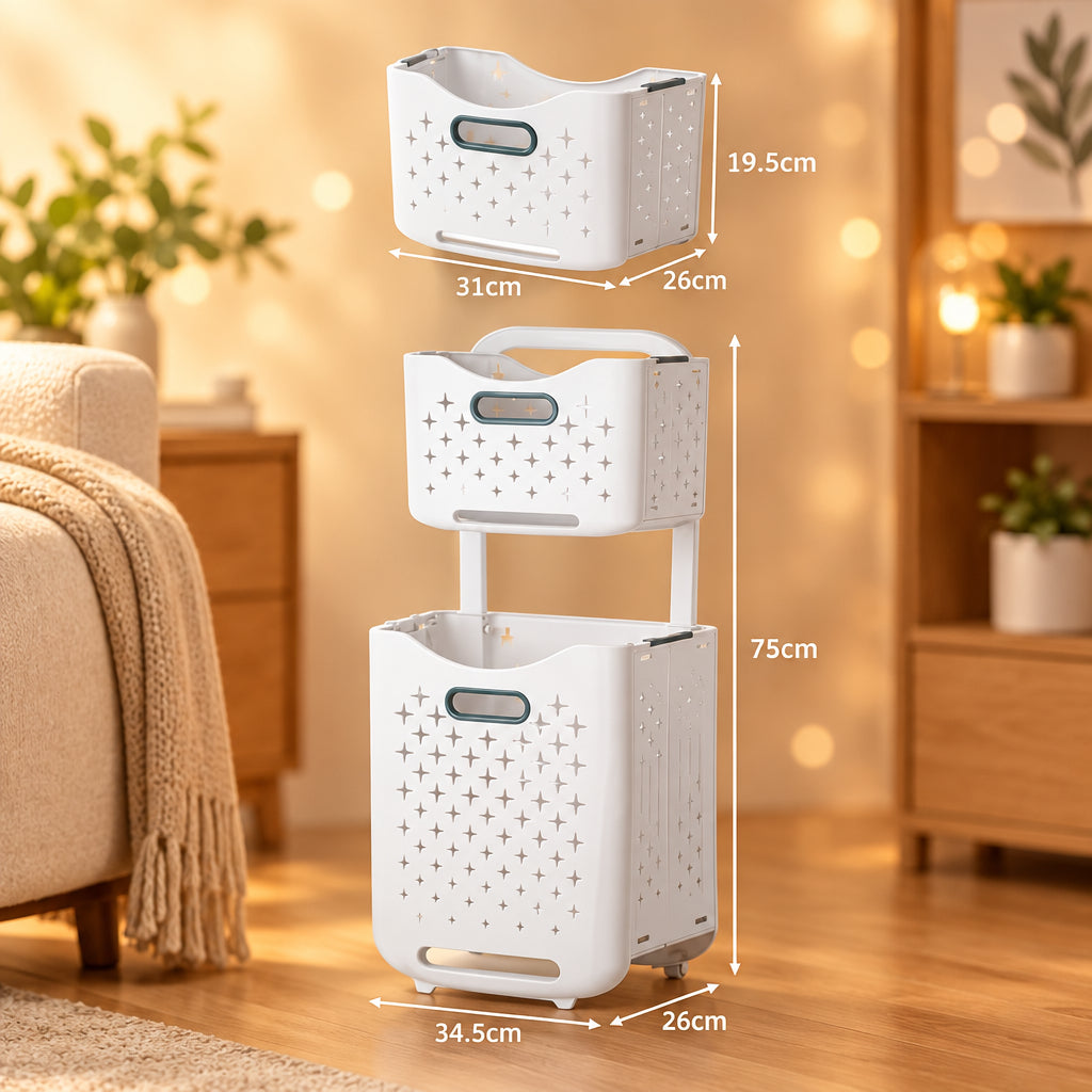 2 Tier Laundry Hamper with Wheels 75 × 34.5 × 26cm