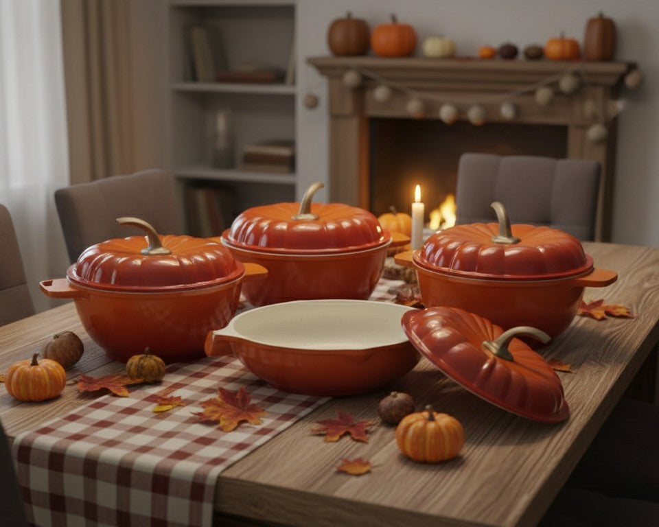 Nine piece pumpkin granite cookware set in green and orange.