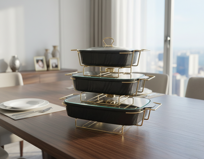 3-Piece Black Ceramic Chafing Dish Set