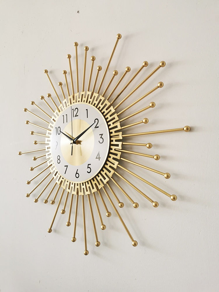 Large sun-shaped metal wall clock with silent mechanism for modern living room décor