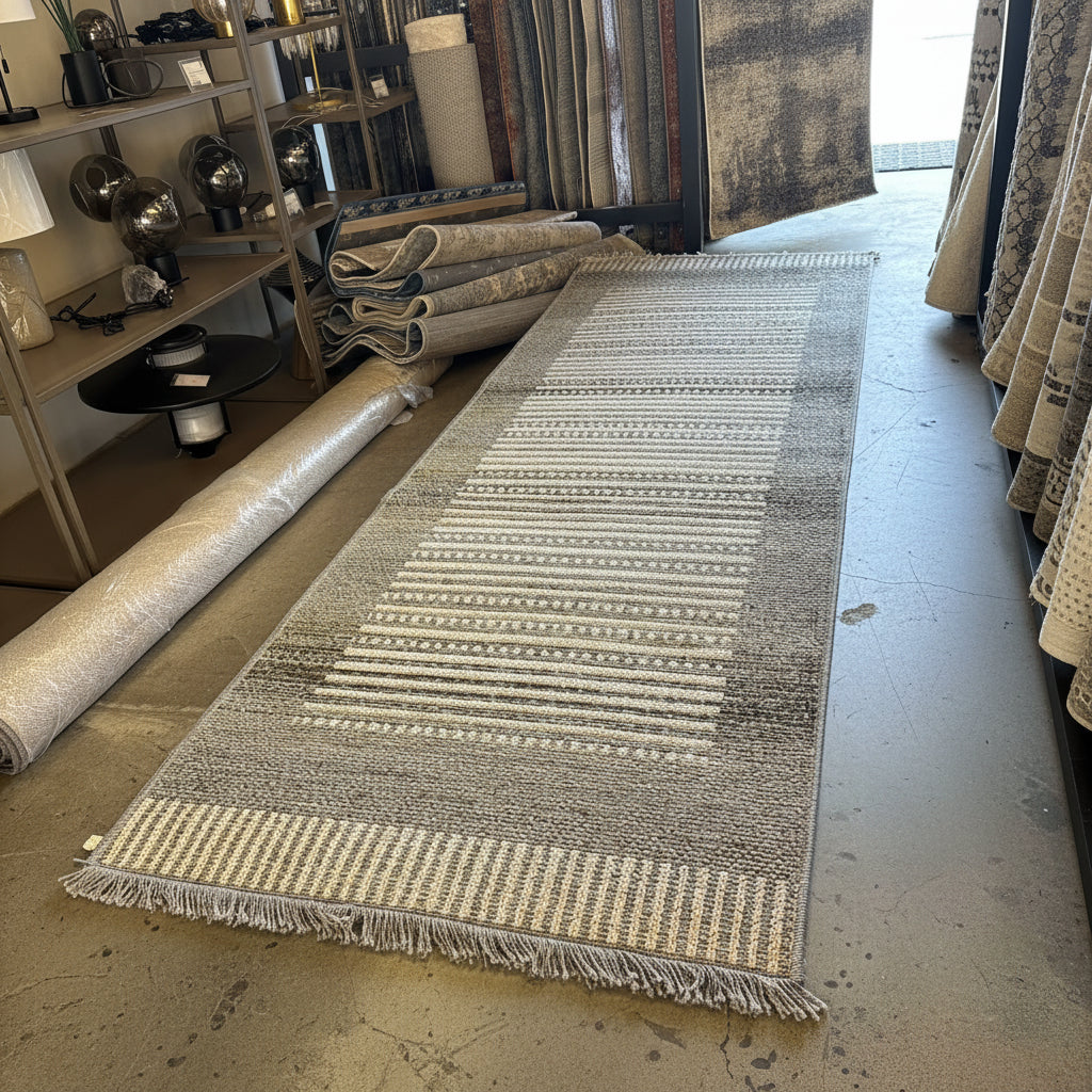 Dawood Lifestyle & Gadgets ke Oriental Weavers Kemet #6 grey beige striped corridor runner rug with linear pattern, jute-look texture and fringe