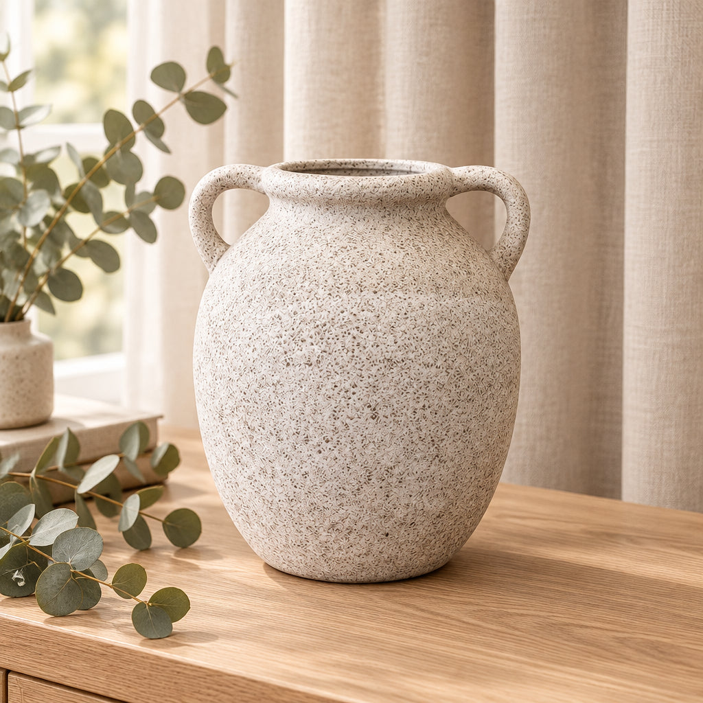 Ancient Greek style indoor ceramic vase with dual ear handles