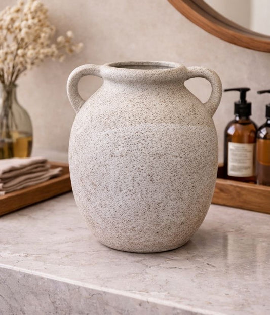 Ancient Greek style indoor ceramic vase with dual ear handles