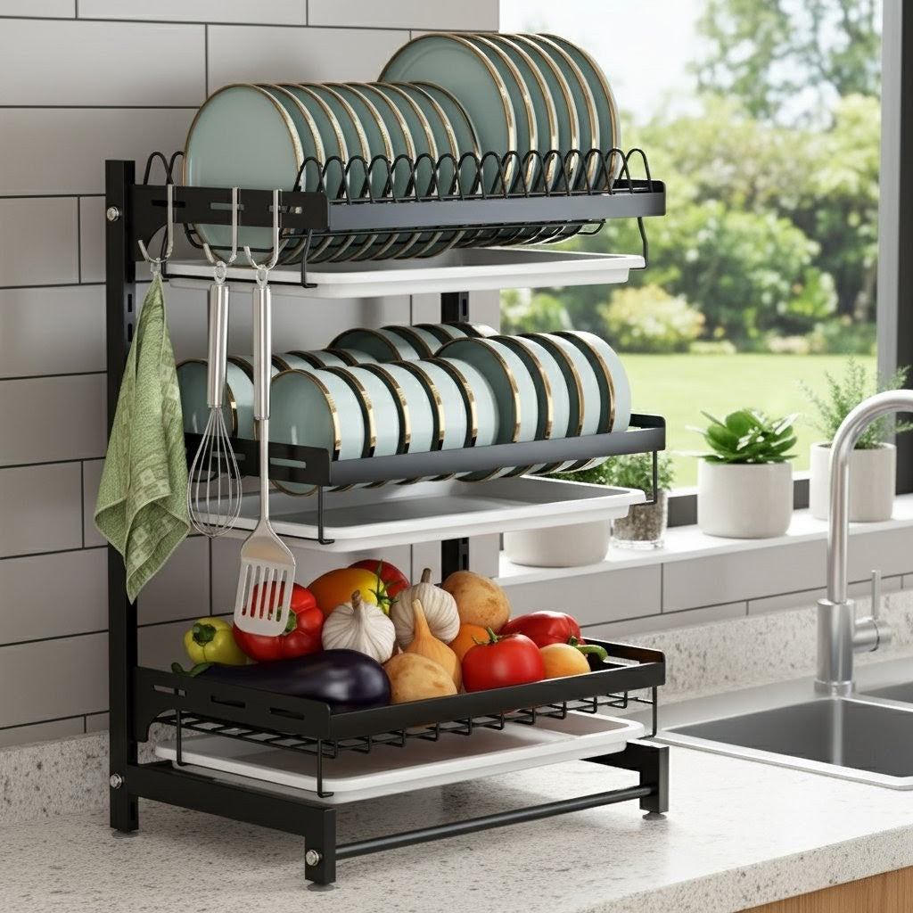 3-Layer Stainless Steel Dish Rack With Drain Tray