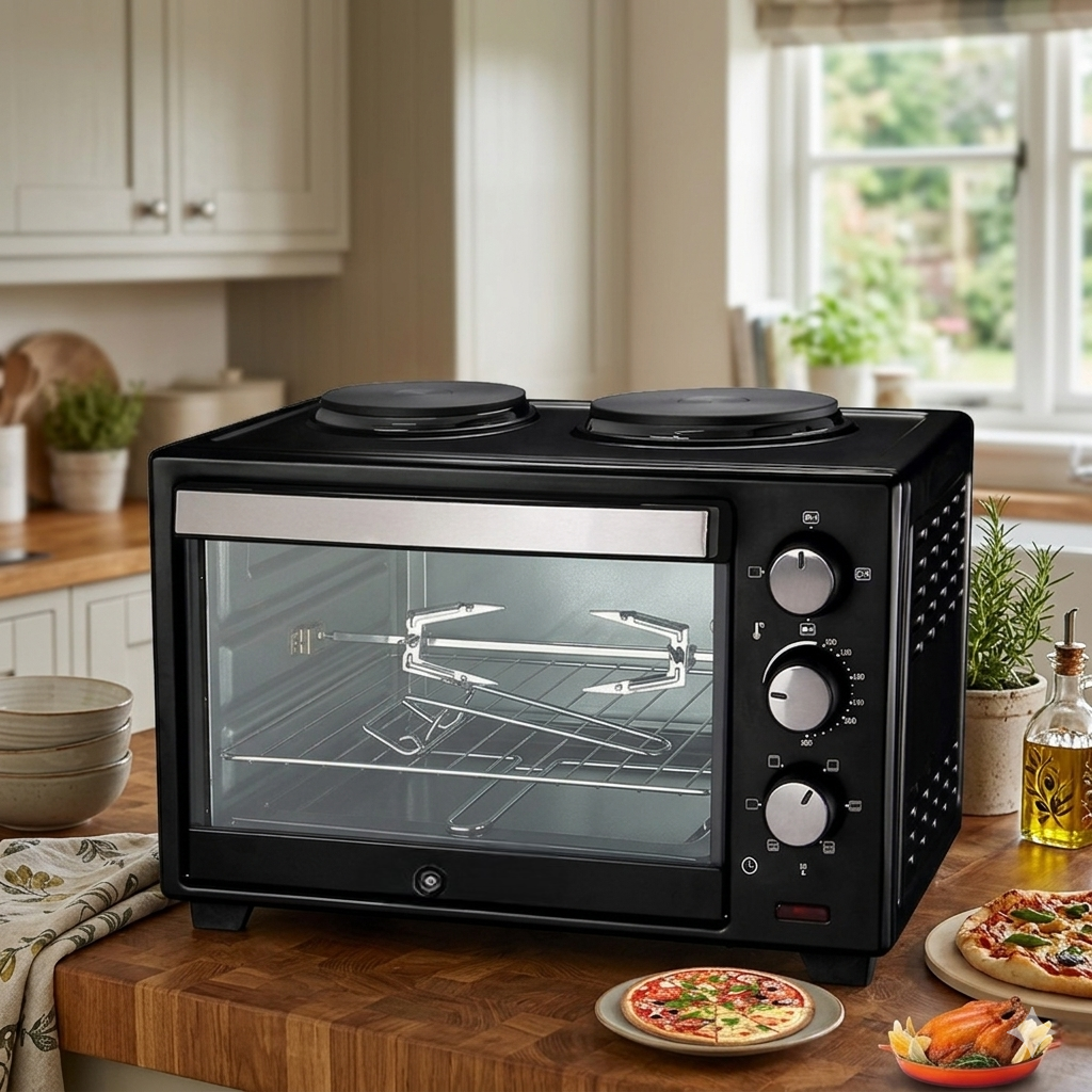 40 Litres electric rotisserie oven with double hot plates for baking roasting and grilling