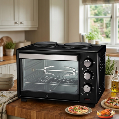 40 Litres electric rotisserie oven with double hot plates for baking roasting and grilling